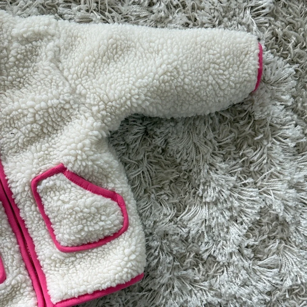 Cream Sherpa Fleece Jacket with Pink Trim size 12m